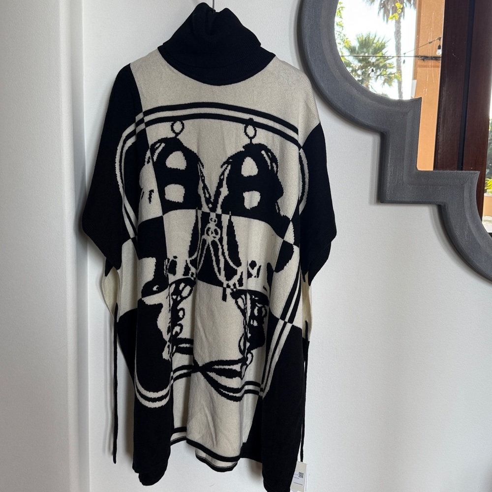 Hermes Black and Cream Graphic Poncho